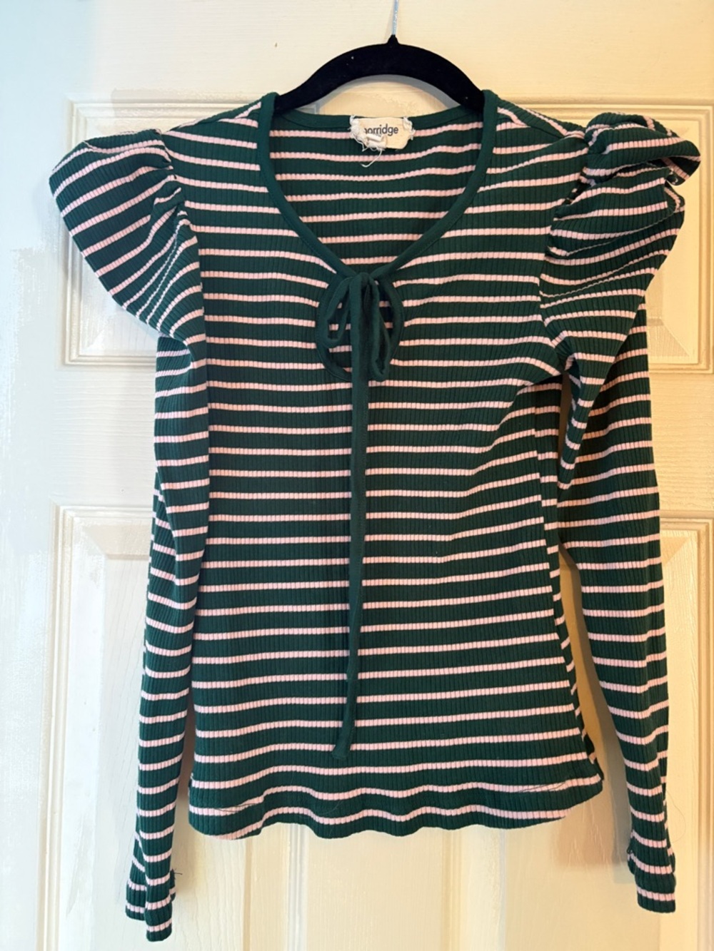 Striped Puff-Sleeve Tie-Neck Rib Knit Top - Green & Pink